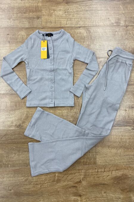 Dove Grey Kids Ribbed Molly Button Through Top and Wide Leg Trousers