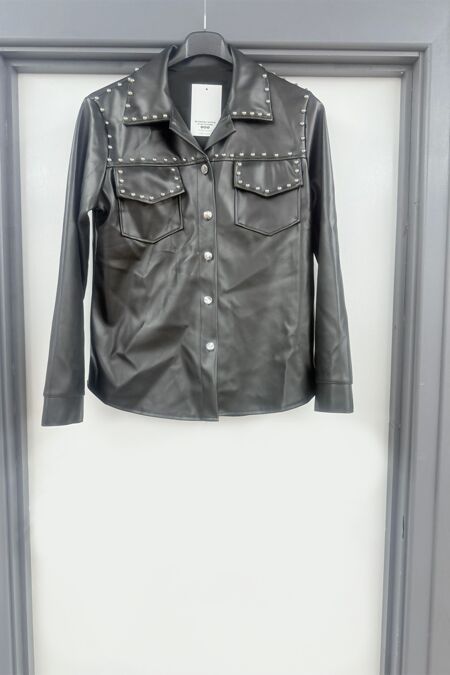 Black Studded Pu Leather Button Up Pocket Long Sleeve Shirt