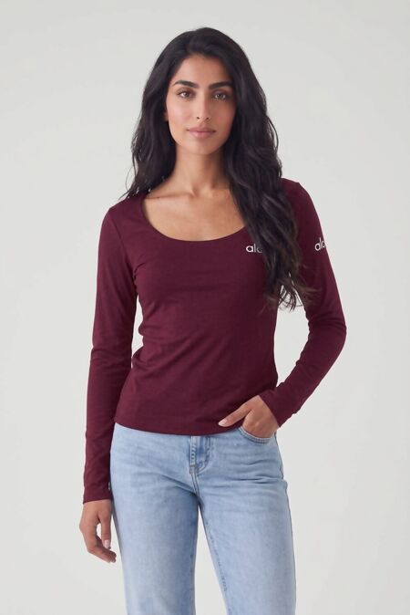 Wine Long Sleeve Scoop Neck Fitted Top-Copy