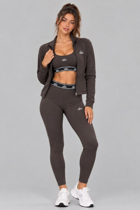Brown Contrast Printed Banded Waist Three Piece Gym Set