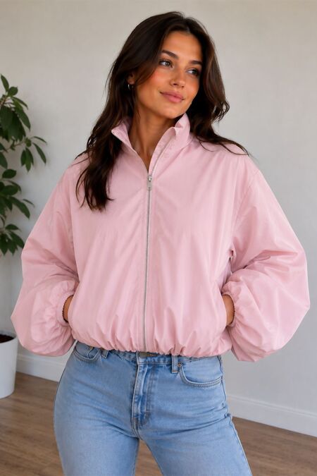Dusty Pink Balloon Sleeve Lined Zip Windbreaker Jacket