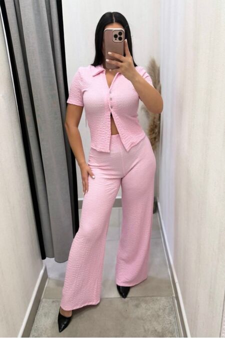 Cheesecloth Crinkle Texture Button Front Shirt With Wide Leg Pant