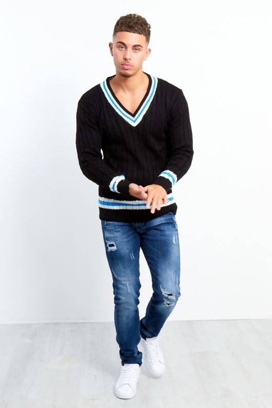 Black Cable Knitted V Neck Cricket Jumper