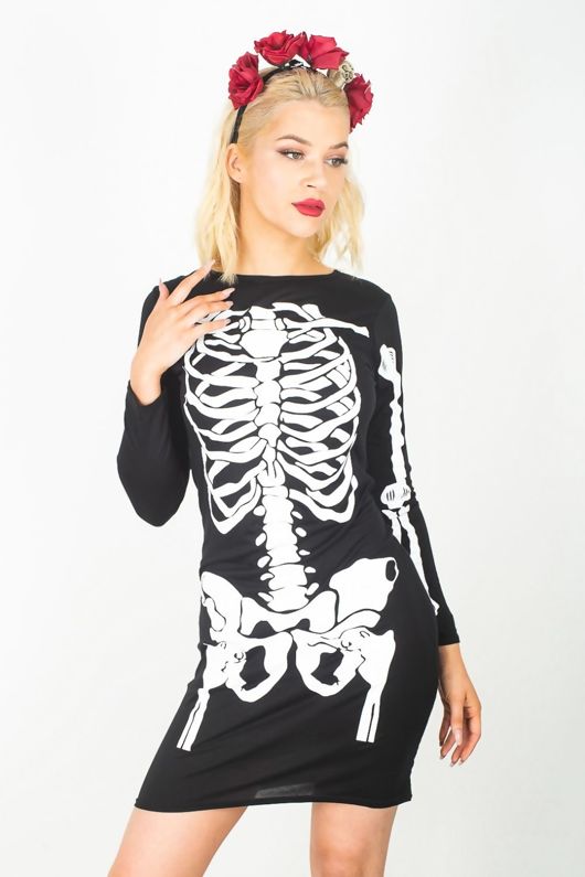 Wholesale Black Skeleton Print T-shirt Dress J5Fashion