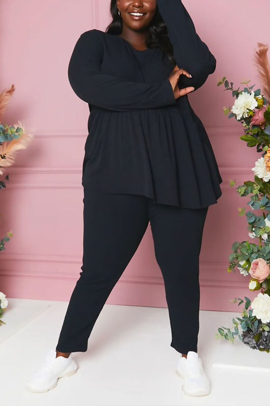Black Ribbed Peplum Top \u0026 Leggings Set 