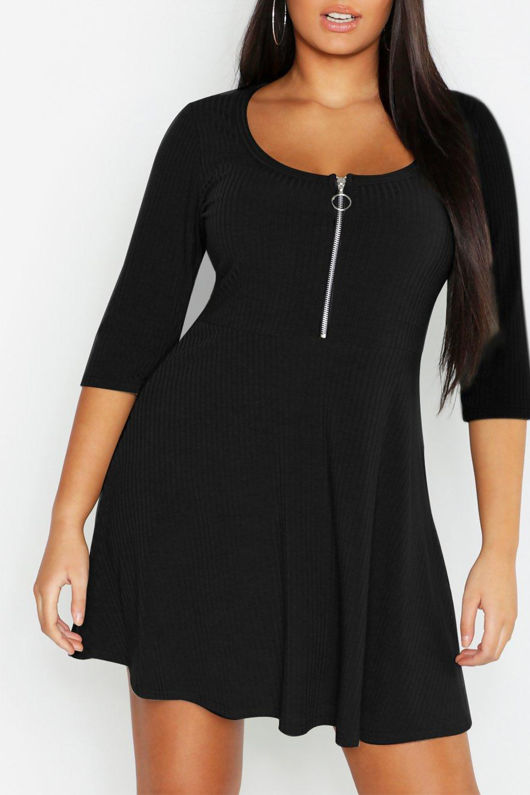 Black Soft Rib Zip Front Skater Dress 