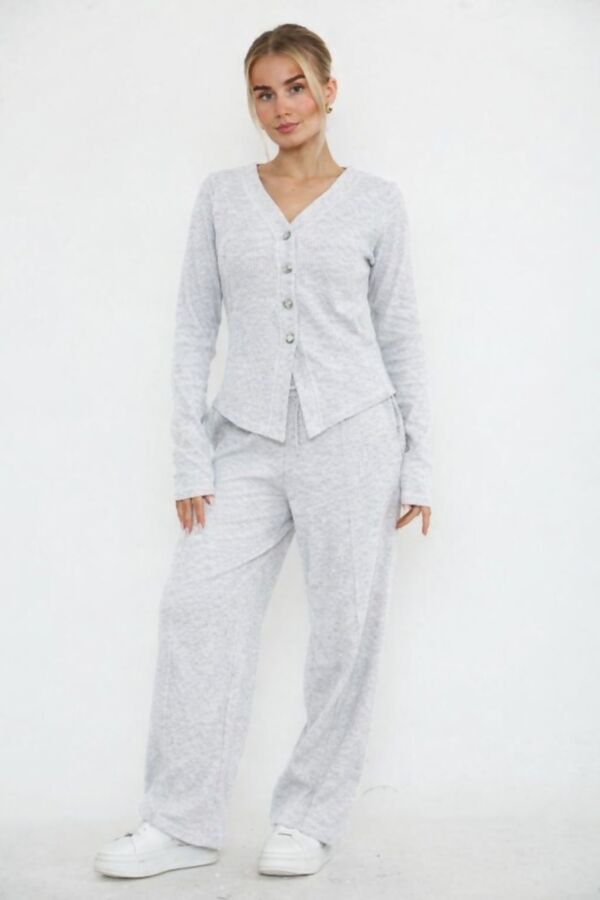 Bleach Grey Soft Ribbed Buttoned Cardigan With Wide Leg Trouser
