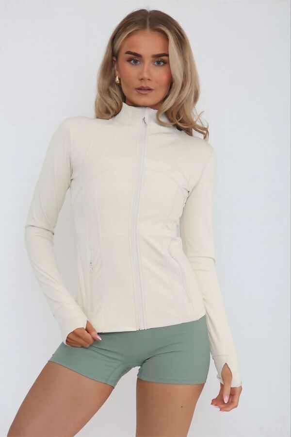 Beige High Neck Fitted Zip-Up Lightweight Athletic Jacket