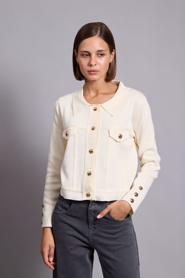 Cropped Gold Button Embellished Knit Cardigan