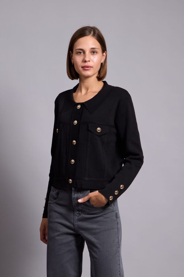 Cropped Gold Button Embellished Knit Cardigan