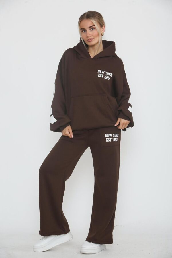 Brown Drop Shoulder NEW YORK Printed Hoodie With Trouser