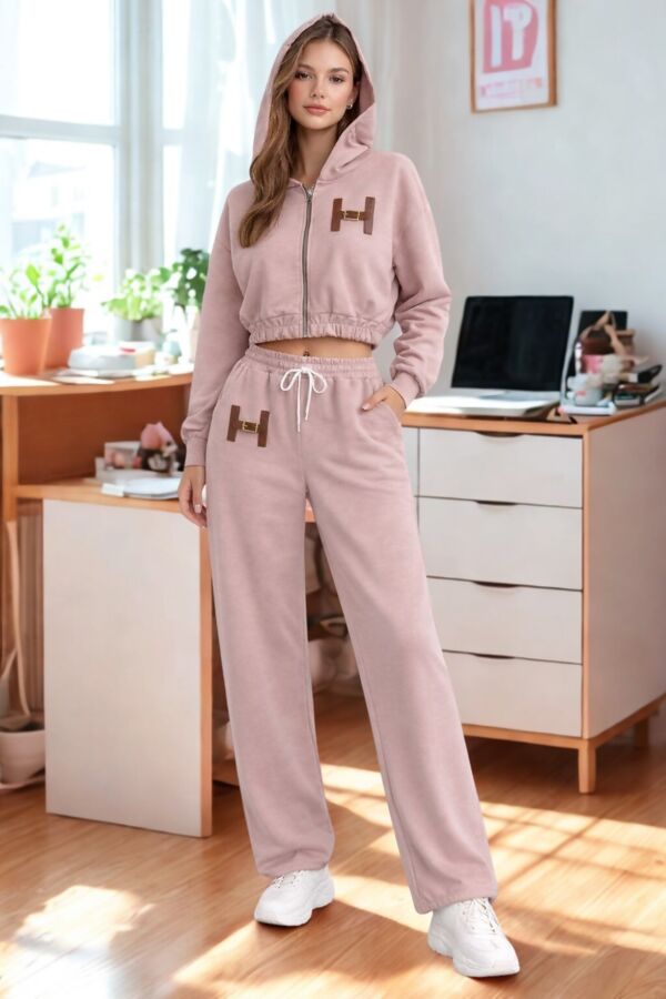 H-Buckle Detail Cropped Zipped Hoodie With Wide Leg Joggers