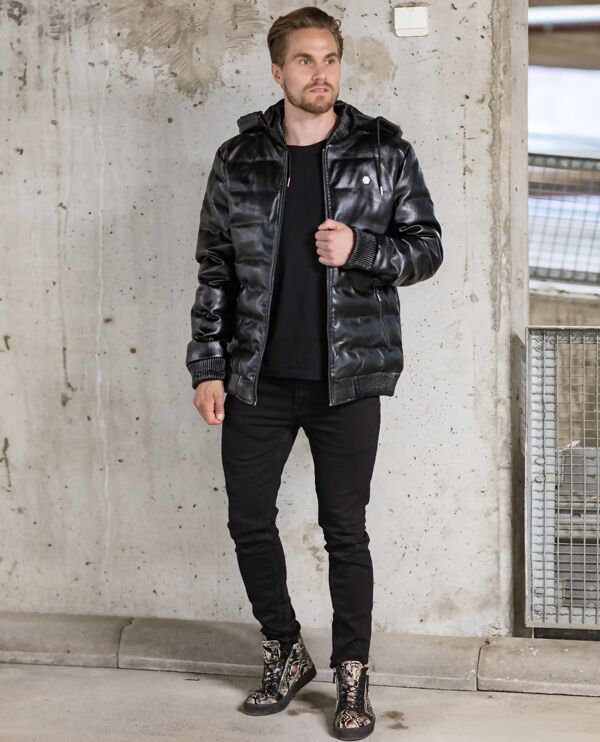 Black Pu Bubble Jacket With Detachable Hood
