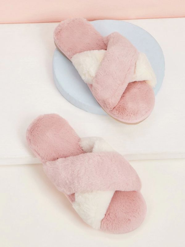 Rosa Cross Over Two-Tone Fluffy Slippers