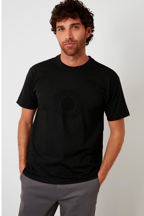 Black Embossed Lion Medallion Design T-Shirt