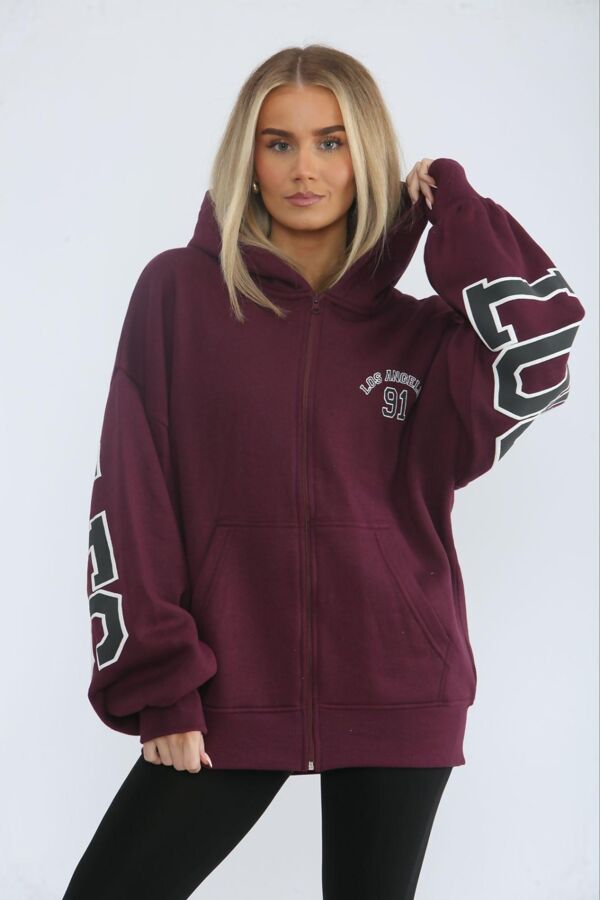Wine Oversized Drop Shoulder Los Angeles 91 Zipped Hoodie