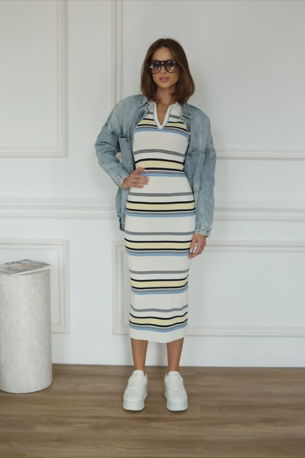 Contrast Short Sleeve Striped Polo Neck Dress Midi Dress