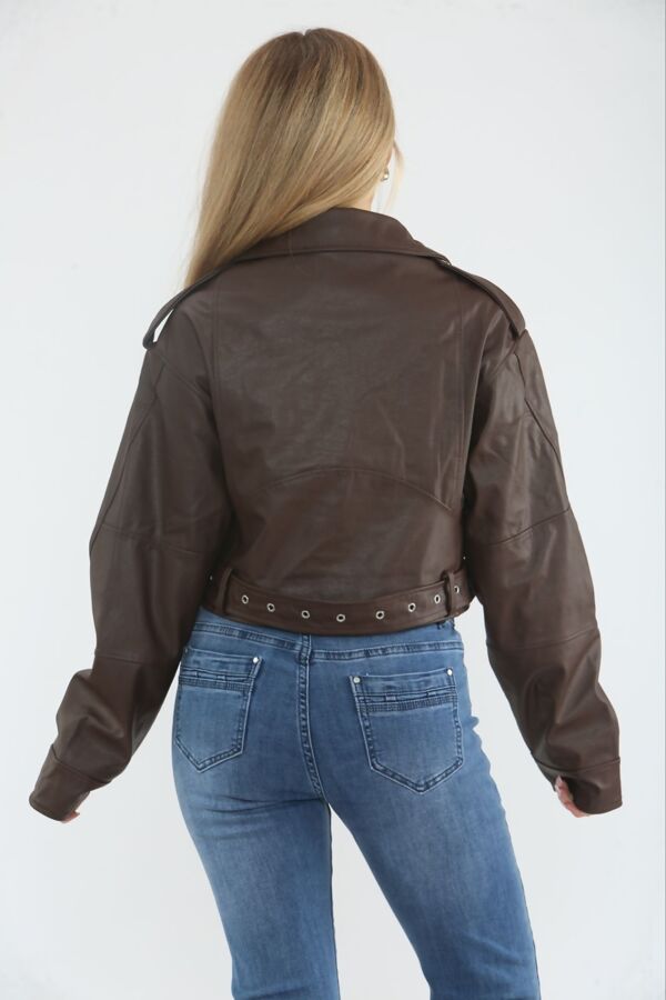 Chocolate Faux Leather Cropped Belted Biker Jacket