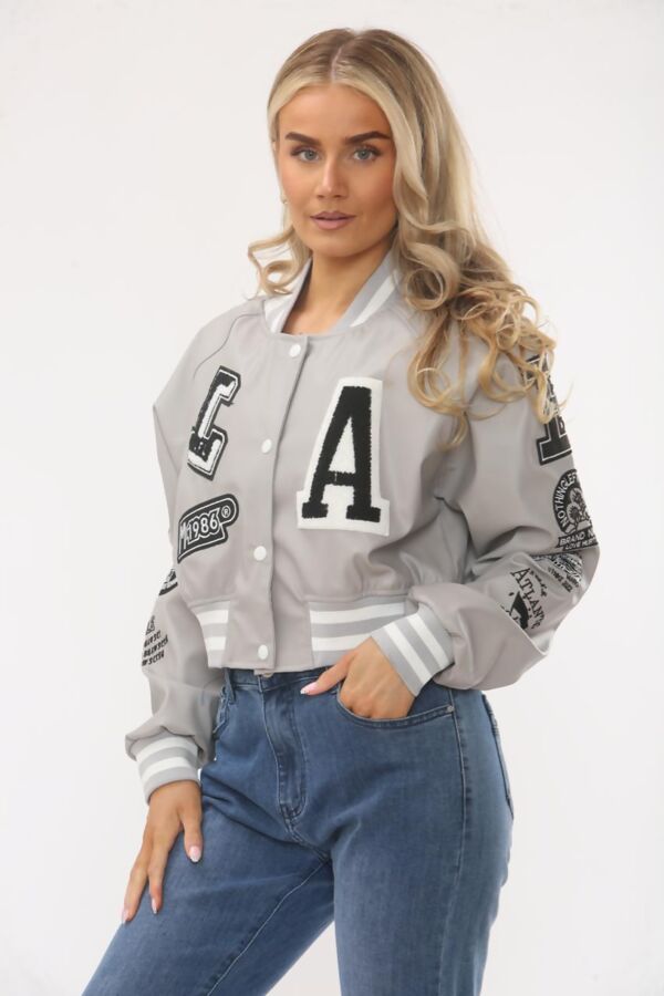 Dove Grey Faux Leather Cropped Varsity Bomber Jacket
