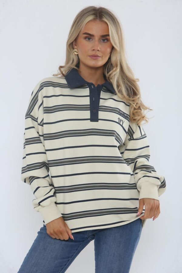 Navy Long Sleeve Rugby Collar SOHO Printed Polo Sweatshirt