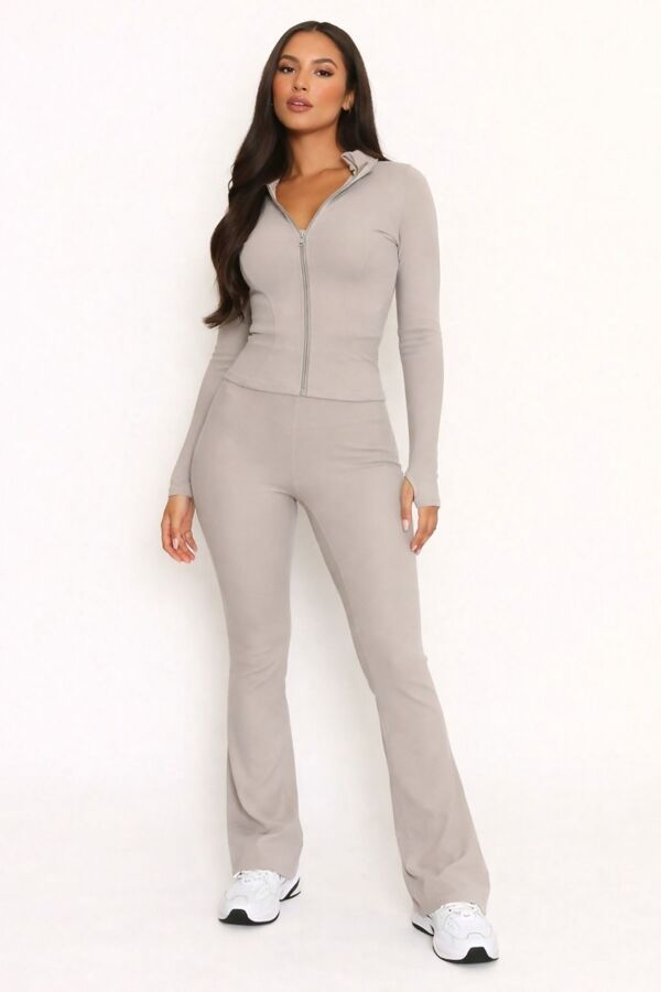 Taupe Active Ribbed Zipped Jacket With Flare Trouser