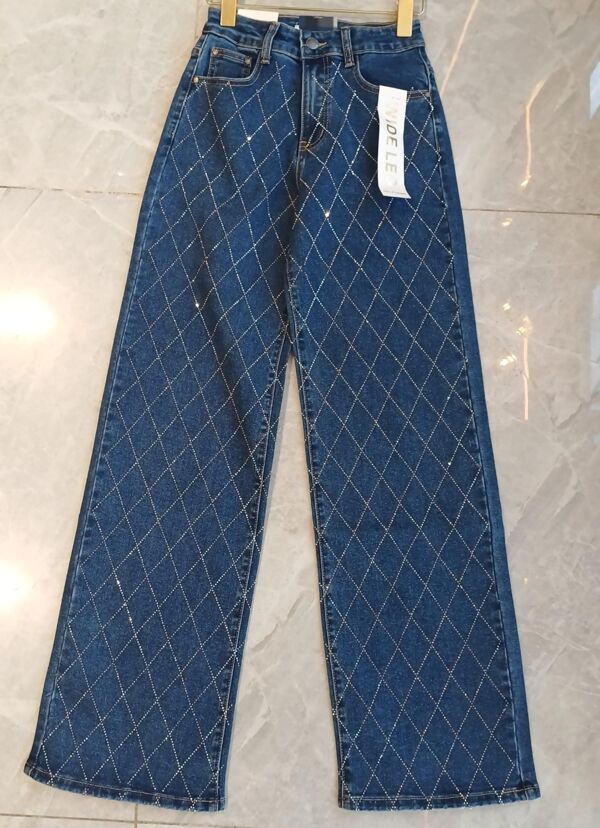 Blue Wide Leg Diamond Pattern Glitter Jeans