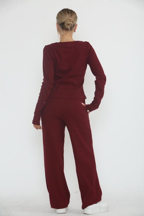Wine Soft Ribbed Buttoned Cardigan With Wide Leg Trouser