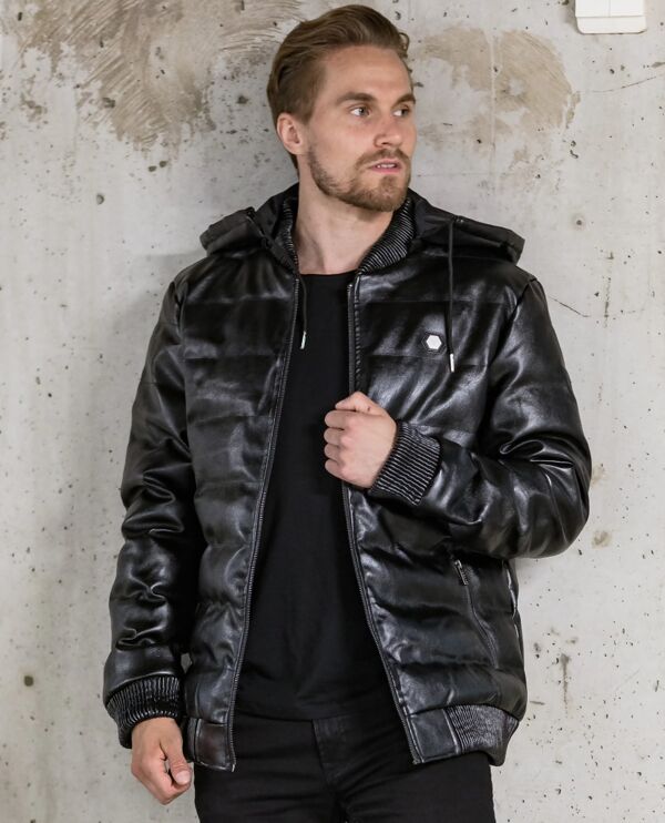 Black Pu Bubble Jacket With Detachable Hood