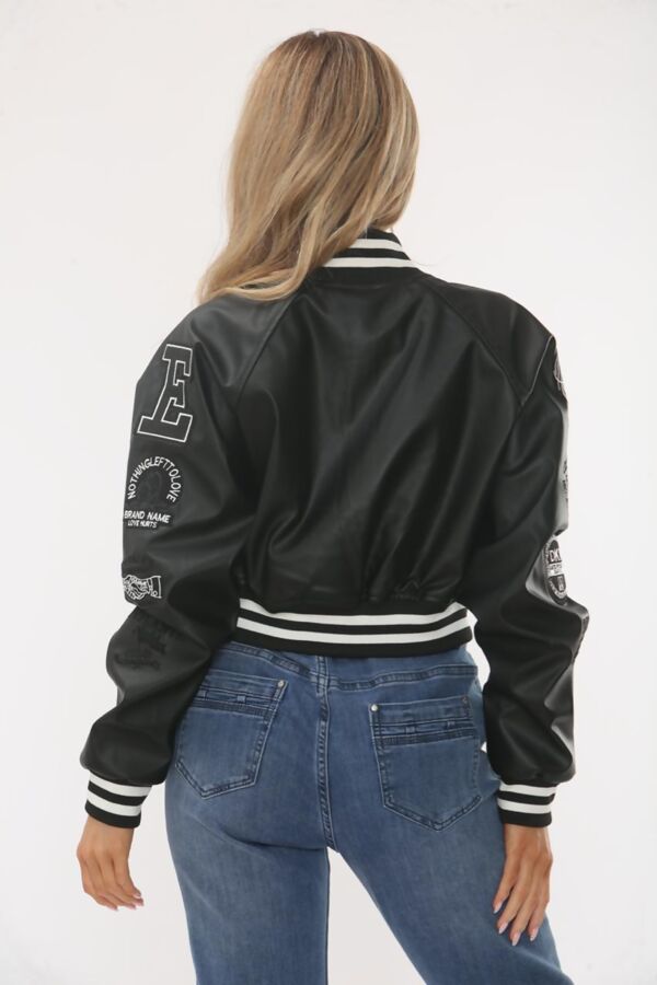 Black Faux Leather Cropped Varsity Bomber Jacket
