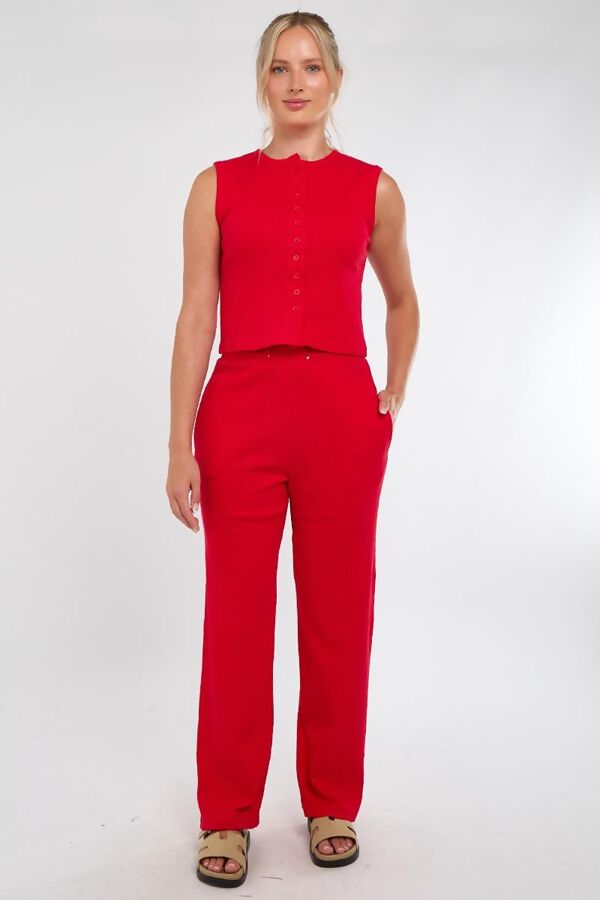 Red Ribbed Sleeveless Button Up Top With Wide Leg Trouser