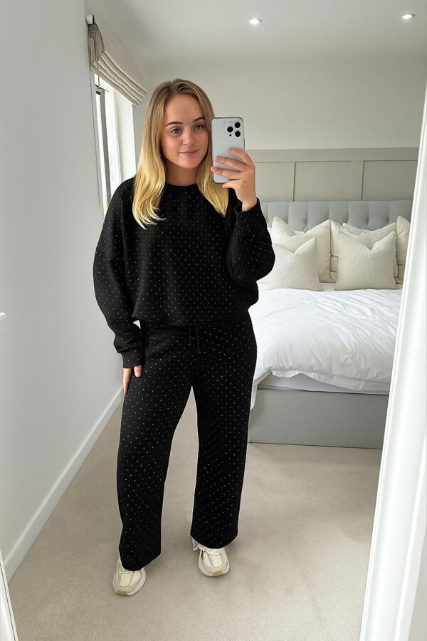 Long Sleeve Relaxed Fit Glitter Dot Sweatshirt With Wide Leg Trouser