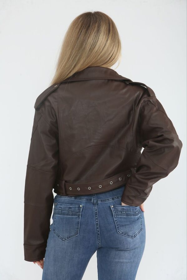 Chocolate Faux Leather Cropped Belted Biker Jacket