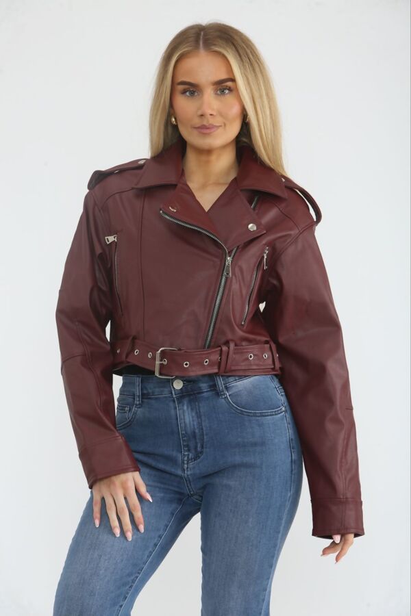 Wine Faux Leather Cropped Belted Biker Jacket
