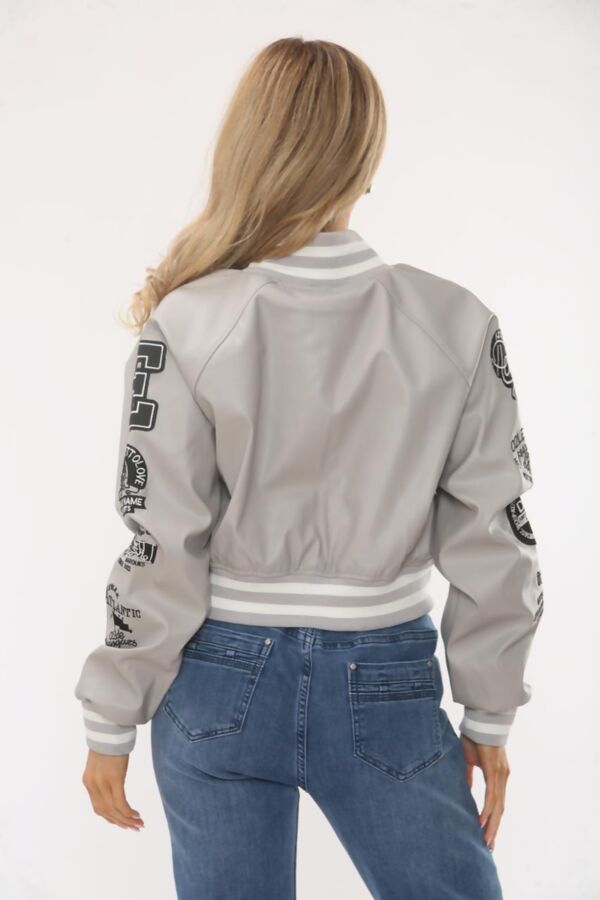 Dove Grey Faux Leather Cropped Varsity Bomber Jacket