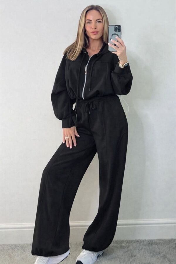 Cropped Zipped Drawstring Hoodie With Single Seam Trouser