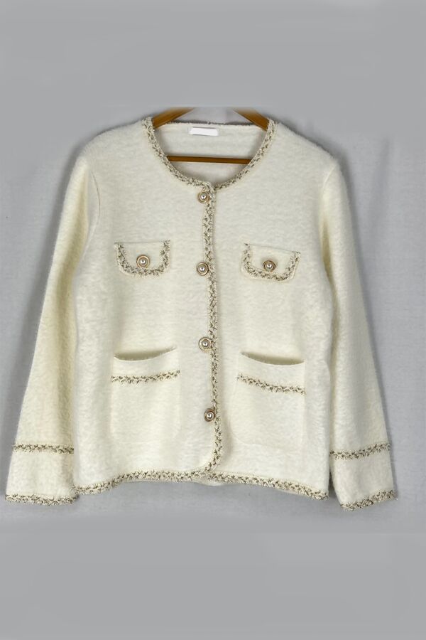 Contrast Long Sleeve Pearl Button Knitted Cardigan