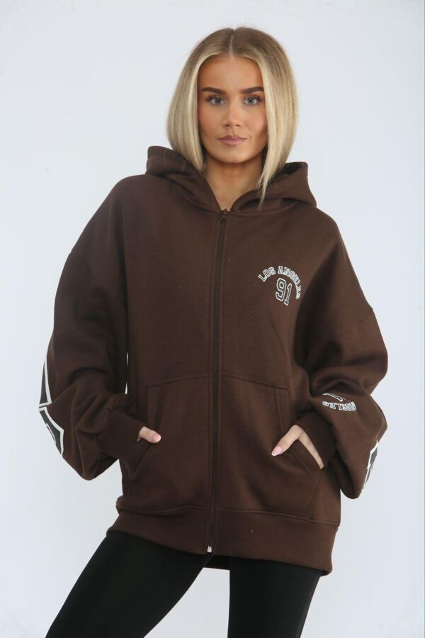 Brown Oversized Drop Shoulder Los Angeles 91 Zipped Hoodie