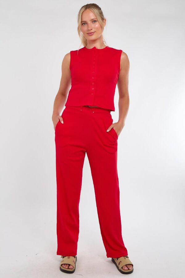 Red Ribbed Sleeveless Button Up Top With Wide Leg Trouser