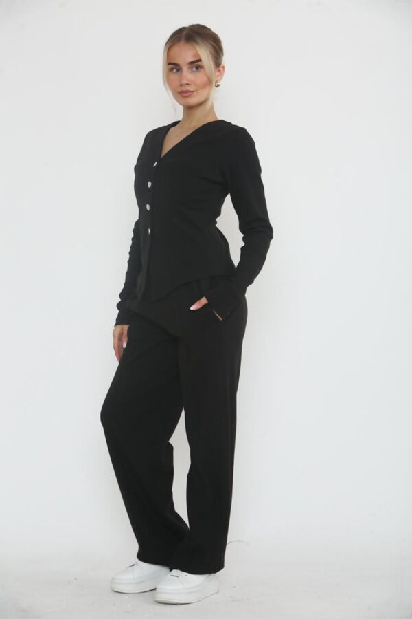 Black Soft Ribbed Buttoned Cardigan With Wide Leg Trouser