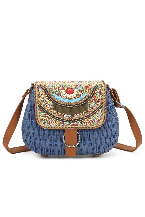 Beaded Straw Crossbody Bag