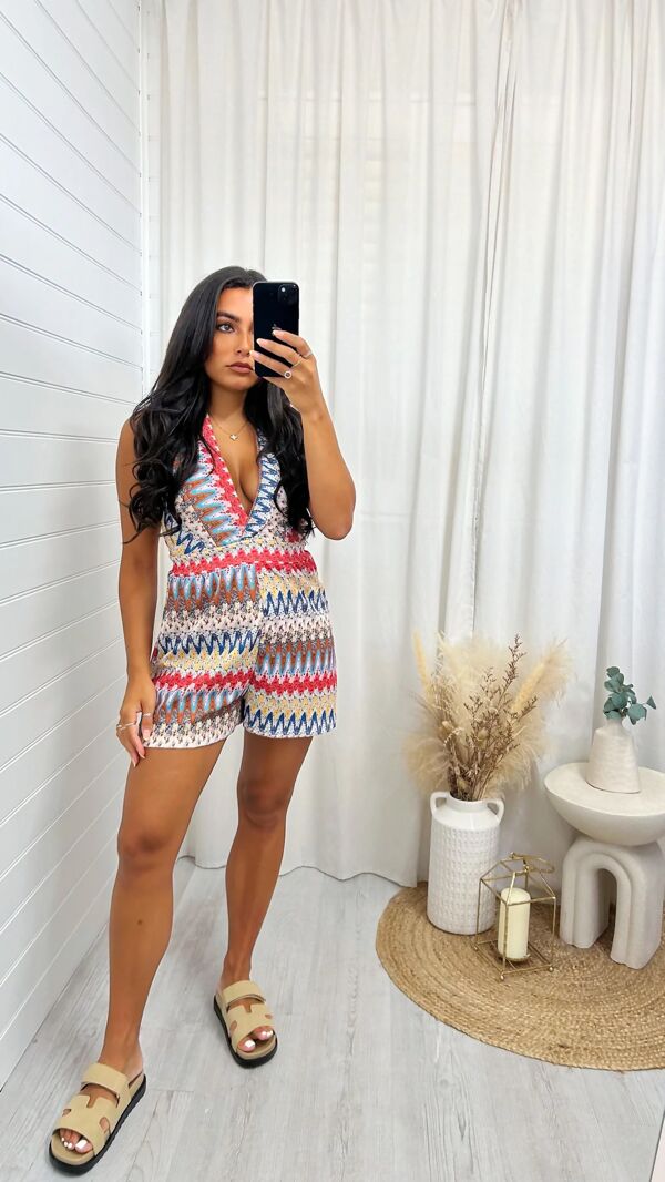 Wave Print Backless Halter Playsuit