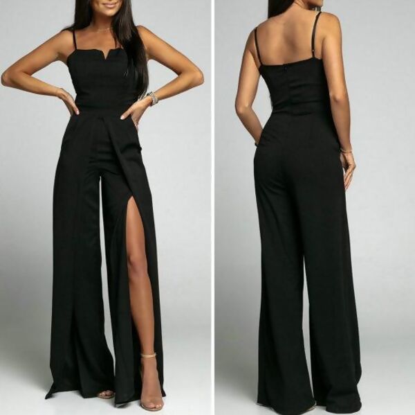 Black Front Slit Wide Leg Jumpsuit With Spaghetti Straps