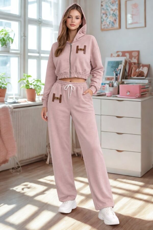 H-Buckle Detail Cropped Zipped Hoodie With Wide Leg Joggers