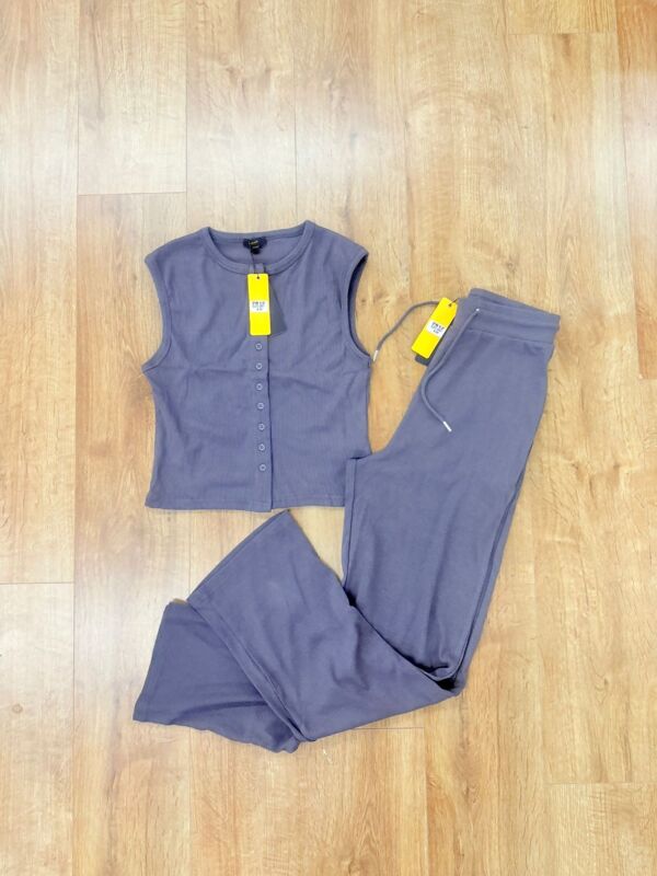 Slate Grey Ribbed Sleeveless Button Up Top With Wide Leg Trouser