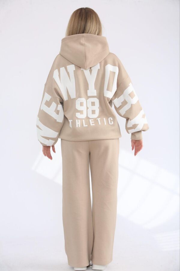 Beige NEW YORK Printed Hoodie With Wide Leg Trouser