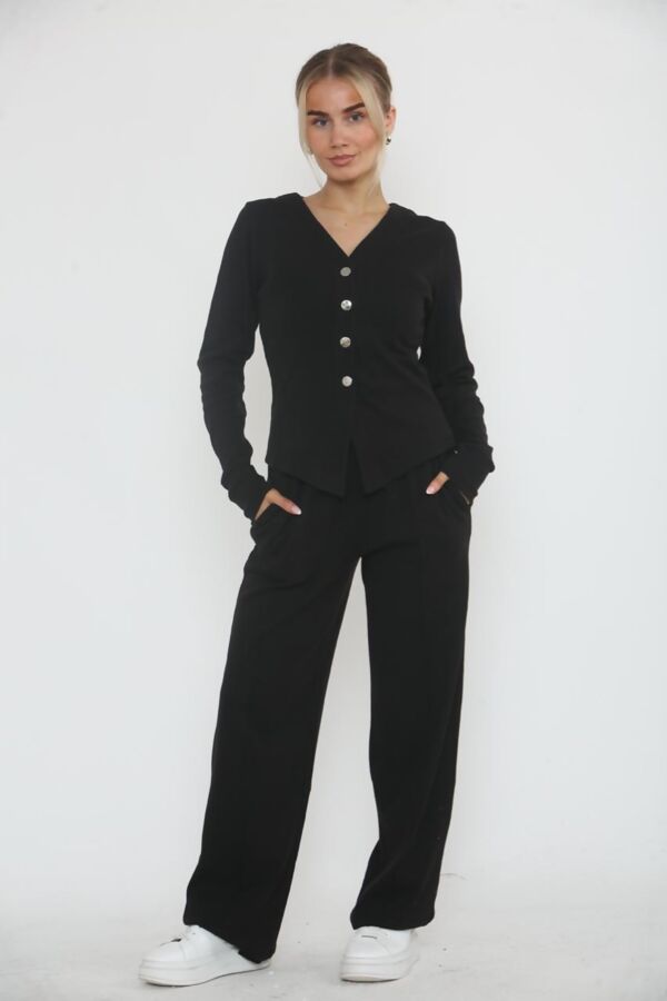 Black Soft Ribbed Buttoned Cardigan With Wide Leg Trouser