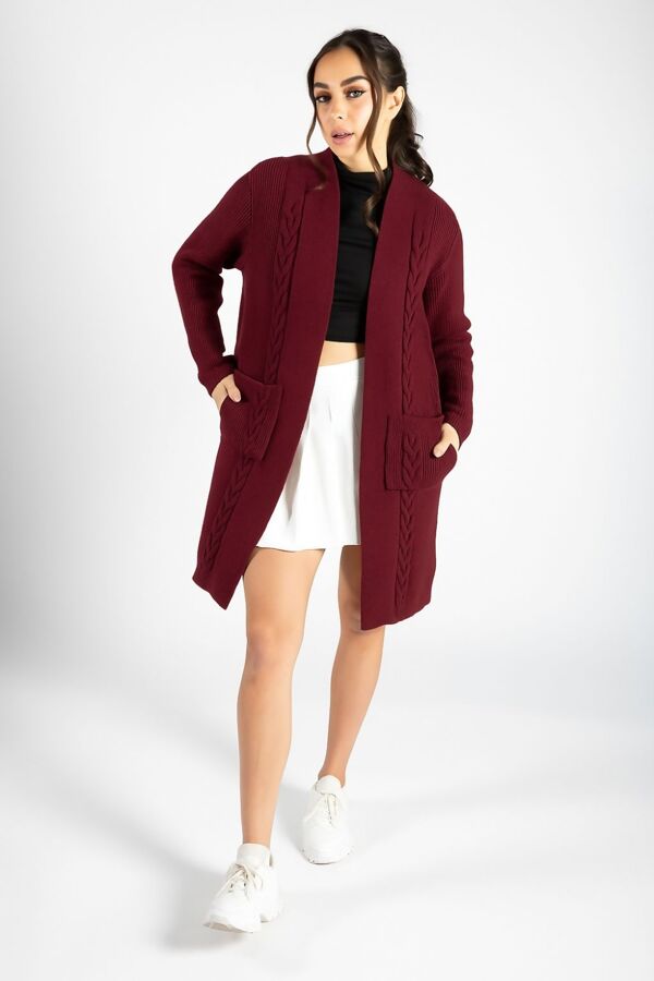 Longline Cable Knit Open Front Pocket Cardigan