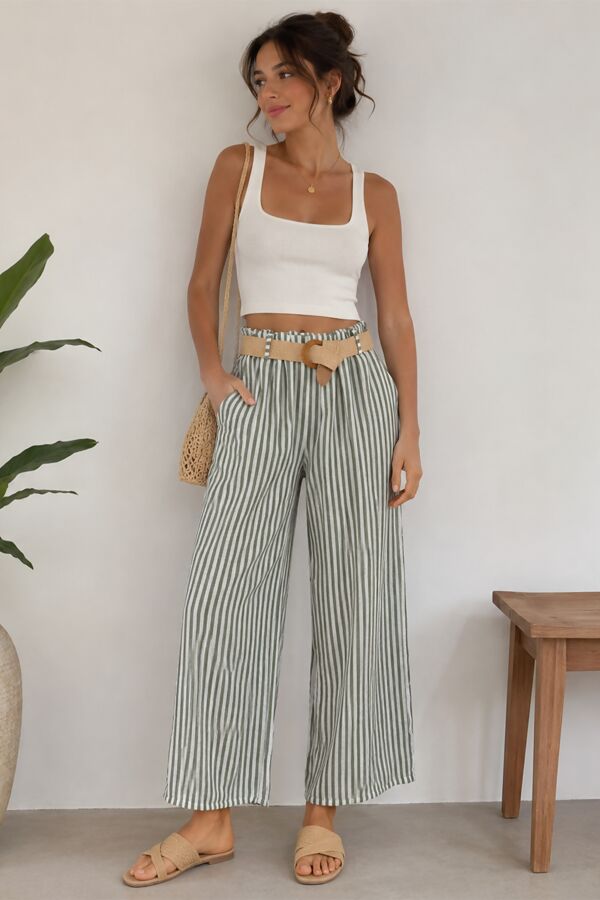 Woven Belt With High Waist Striped Wide Leg Pants