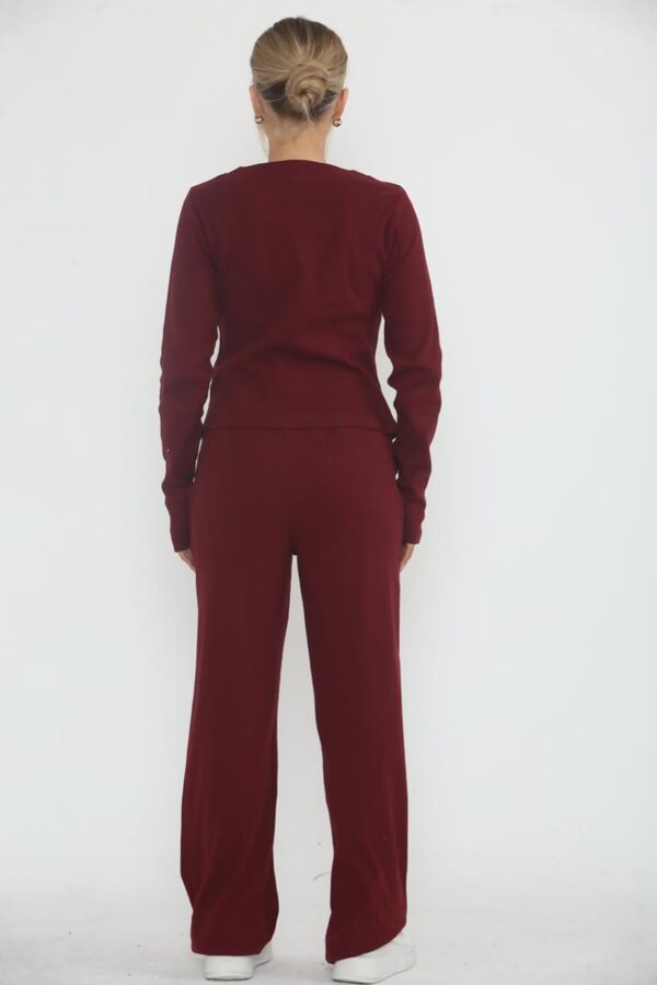 Wine Soft Ribbed Buttoned Cardigan With Wide Leg Trouser