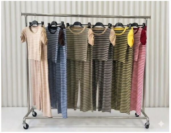 Ruched Short Sleeve Contrast Striped Top With Wide Leg Trouser